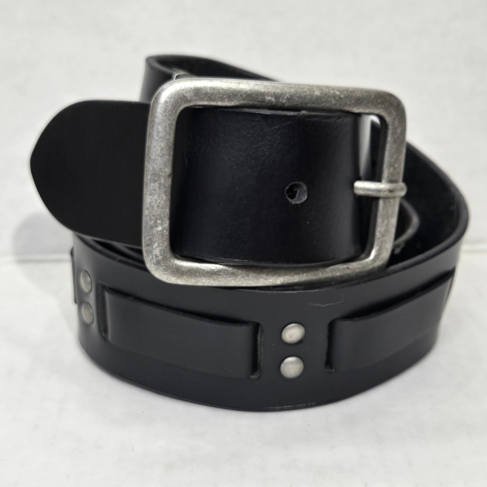 Pielino Mens Black Leather Studded Belt Size 36 Silver Buckle Biker Punk Grunge